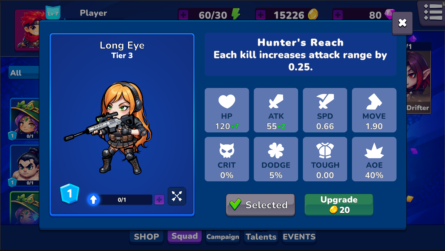 Sniper hero upgrade and statistics screen