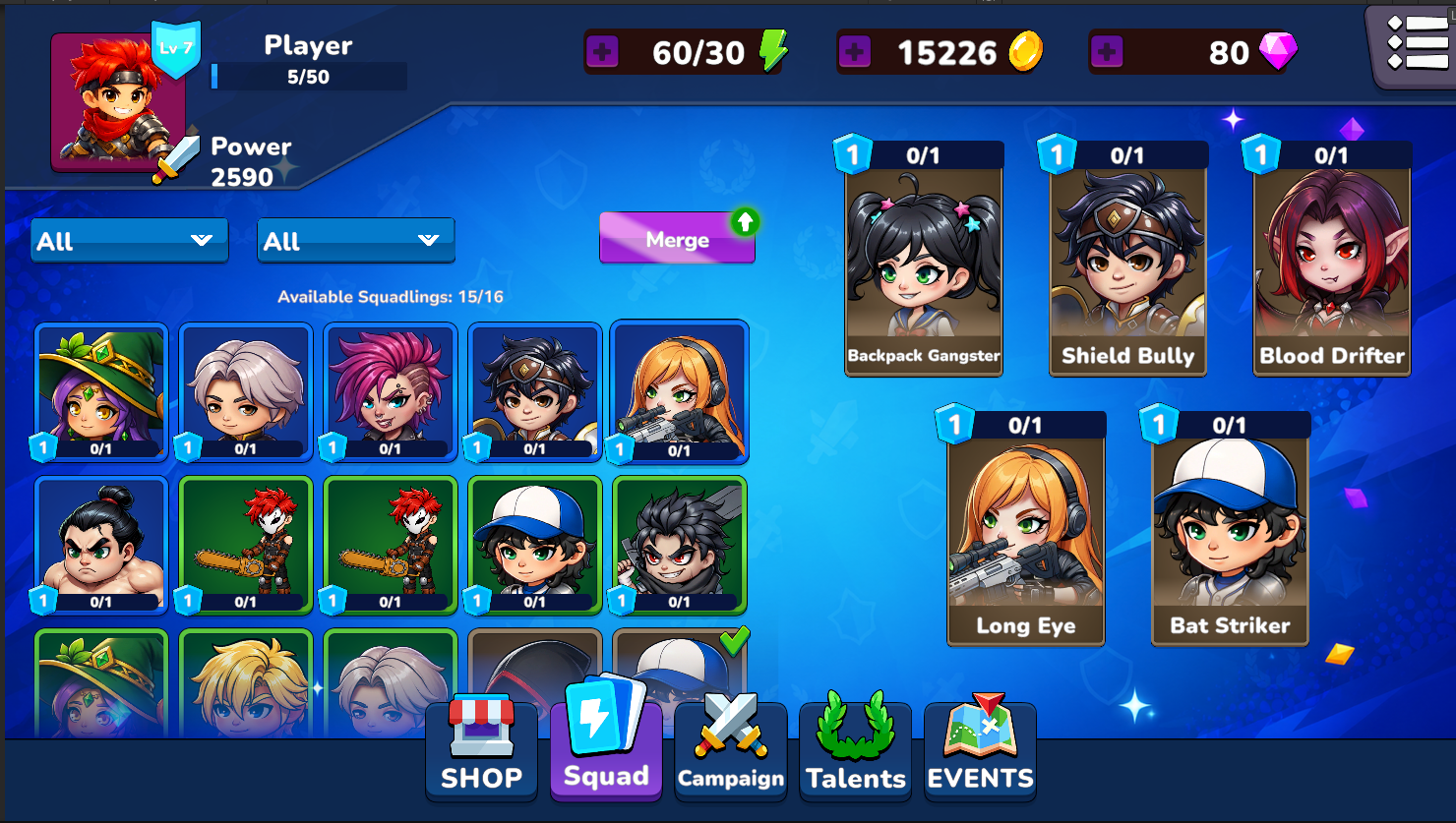 Squad management screen with a roster of heroes